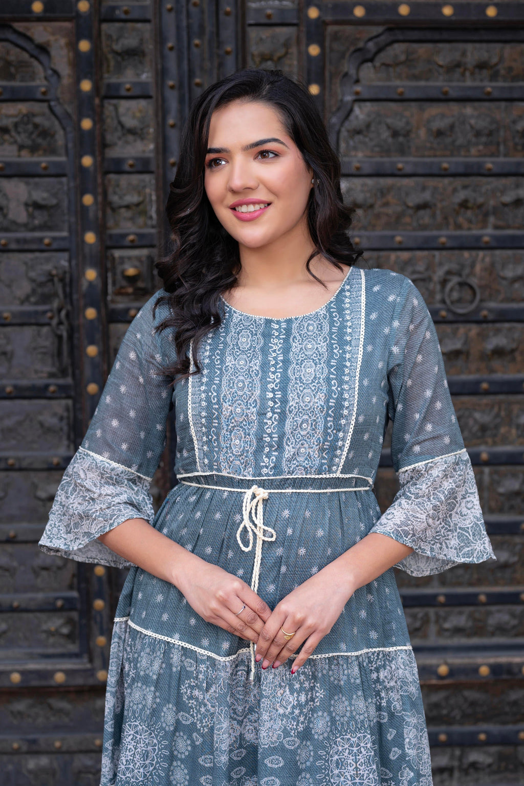 Juniper Grey Floral Printed Cotton Dress with Dori, Cotton Lace & Bead Work | Grocsy