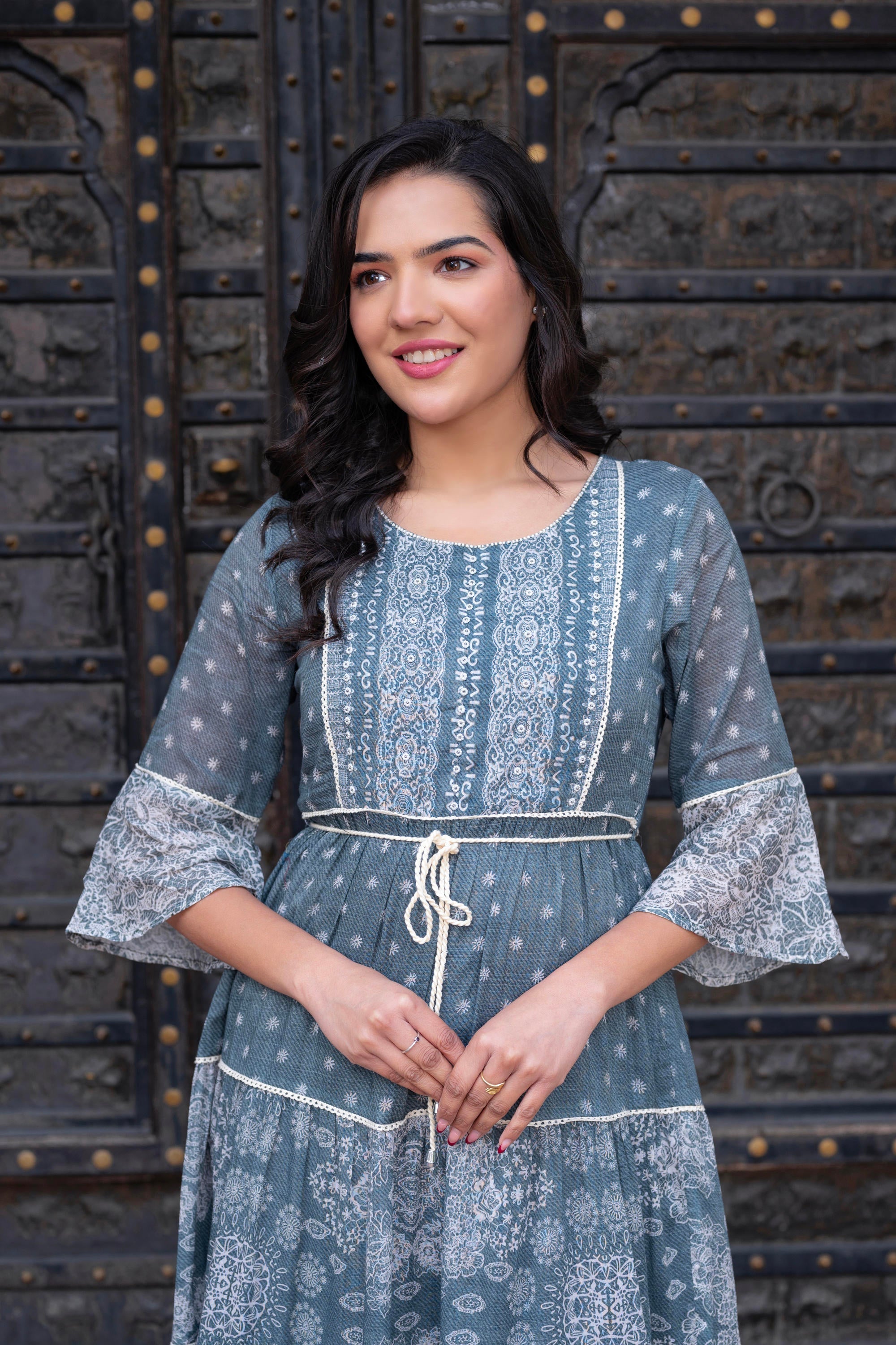 Juniper Grey Floral Printed Cotton Dress with Dori, Cotton Lace & Bead Work | Grocsy