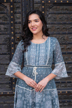Juniper Grey Floral Printed Cotton Dress With Dori, Cotton Lace & Bead Work | Grocsy
