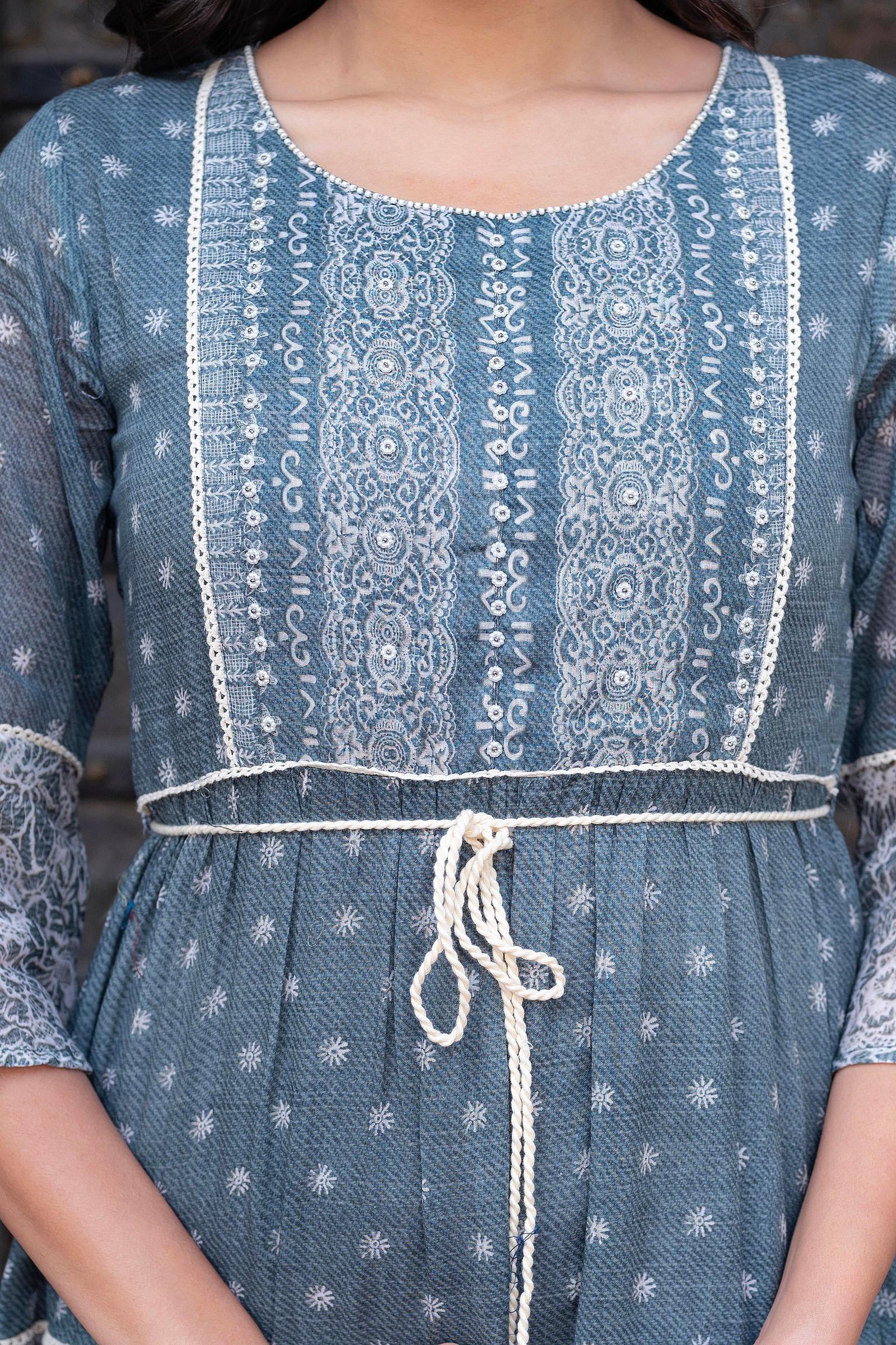Juniper Grey Floral Printed Cotton Dress with Dori, Cotton Lace & Bead Work | Grocsy