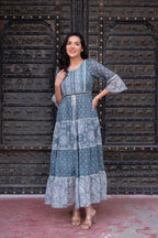 Juniper Grey Floral Printed Cotton Dress with Dori, Cotton Lace & Bead Work | Grocsy