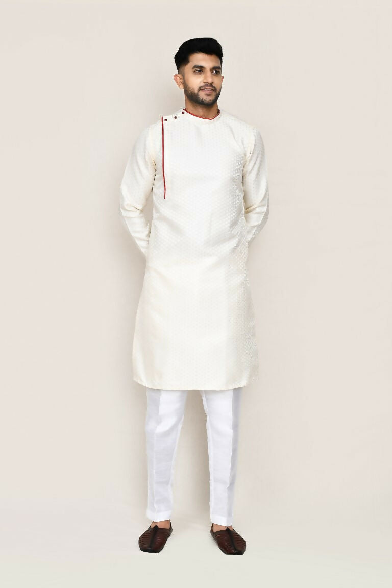 Joban Fashion Cream Colored Jacquard Fabric Kurta With Straight Fit Pant | Grocsy