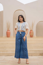 Juniper White Embroidered Crop Top With Light Blue Wide-Leg Pants | Grocsy