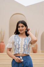 Juniper White Embroidered Crop Top With Light Blue Wide-Leg Pants | Grocsy