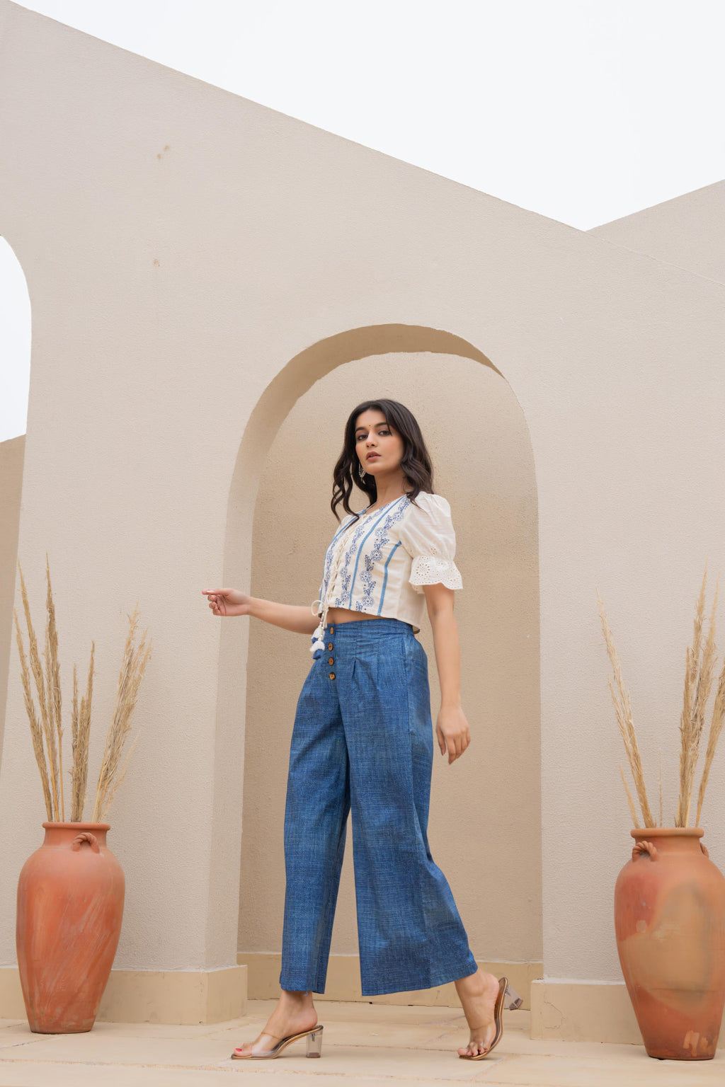 Juniper White Embroidered Crop Top With Light Blue Wide-Leg Pants | Grocsy