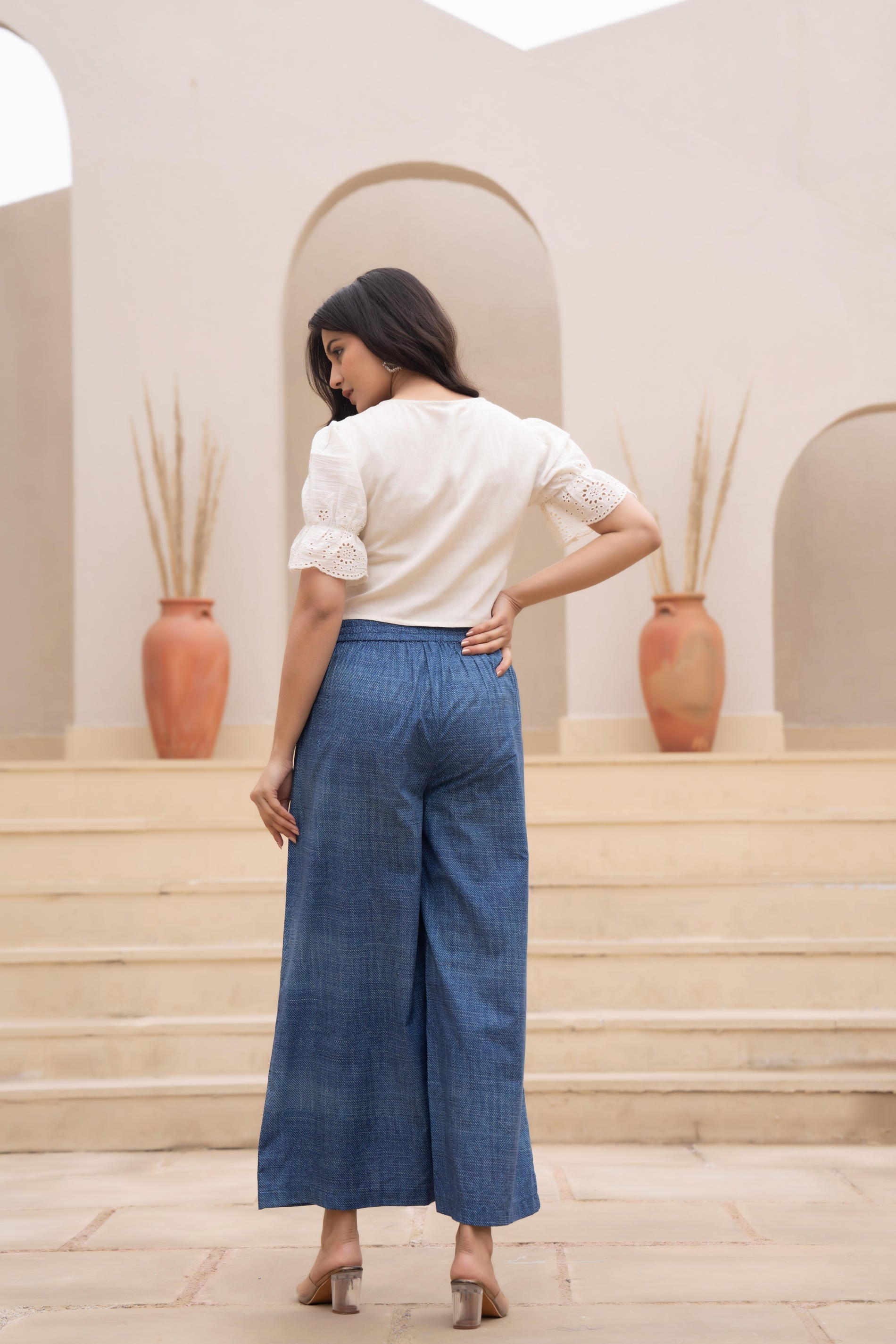 Juniper White Embroidered Crop Top With Light Blue Wide-Leg Pants | Grocsy