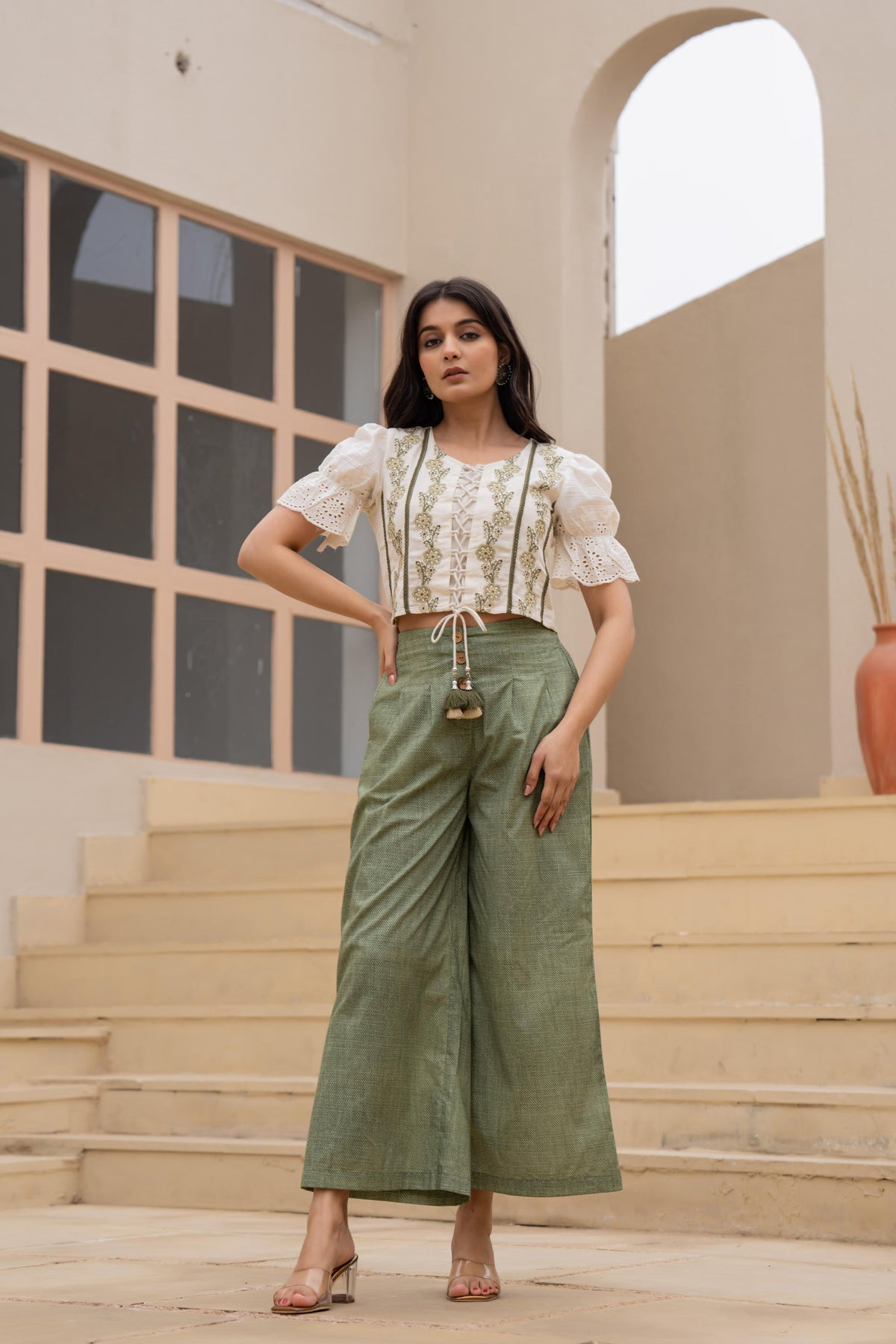 Juniper White Embroidered Crop Top With Light Green Wide-Leg Pants | Grocsy