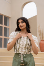 Juniper White Embroidered Crop Top With Light Green Wide-Leg Pants | Grocsy