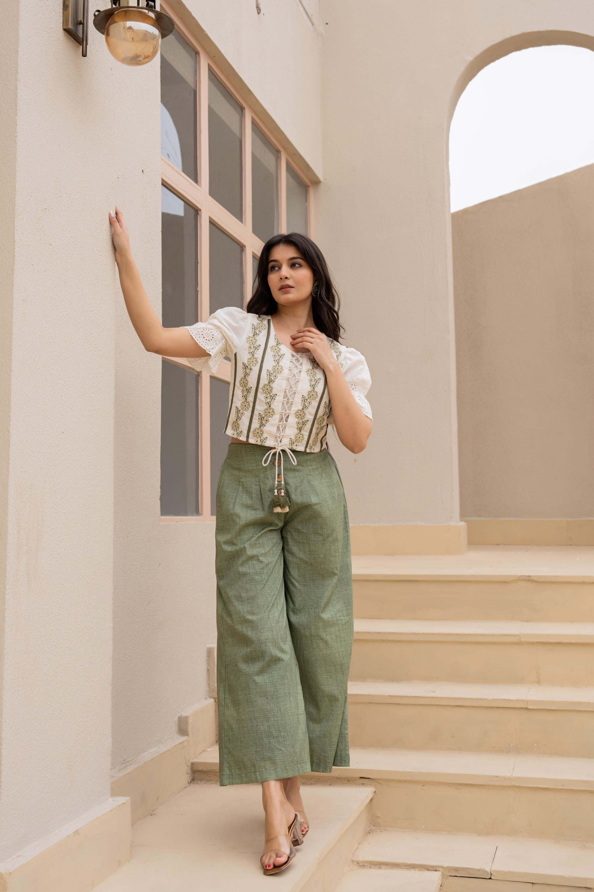 Juniper White Embroidered Crop Top With Light Green Wide-Leg Pants | Grocsy