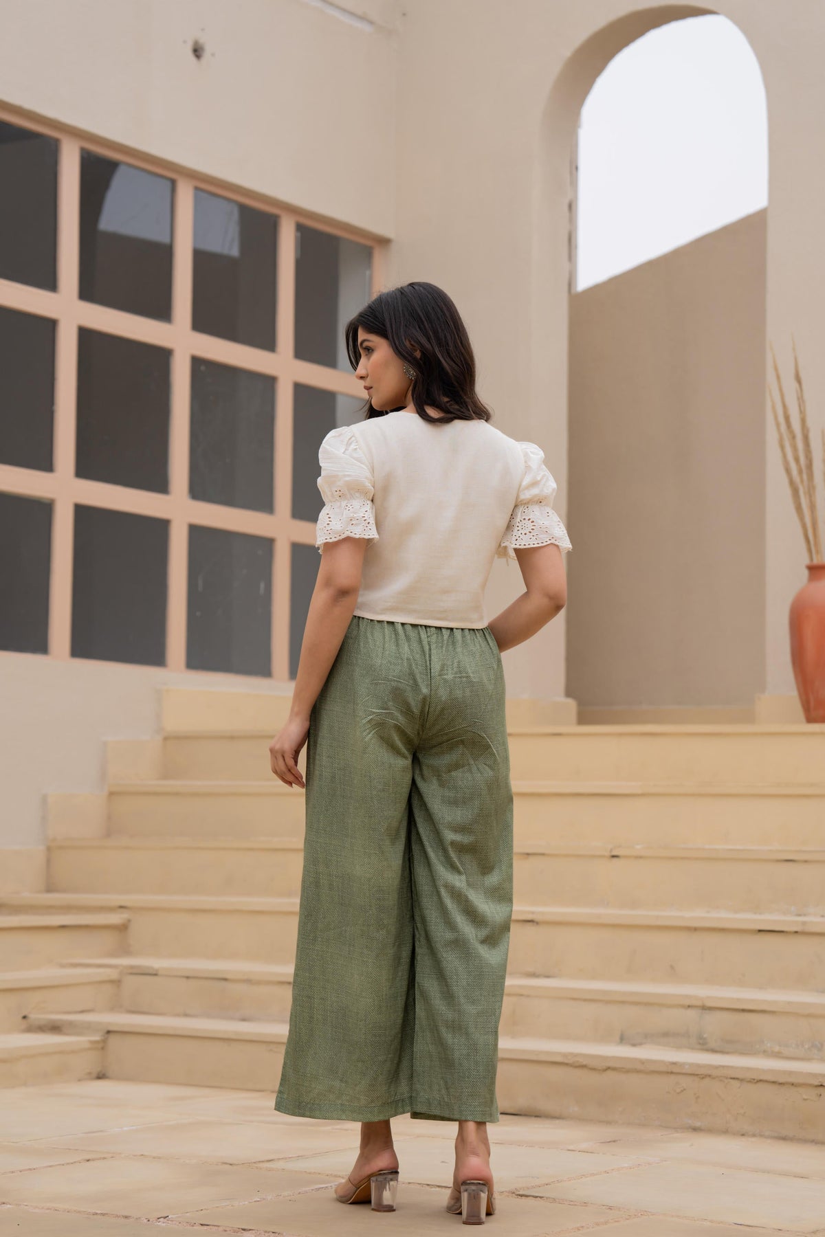 Juniper White Embroidered Crop Top With Light Green Wide-Leg Pants | Grocsy