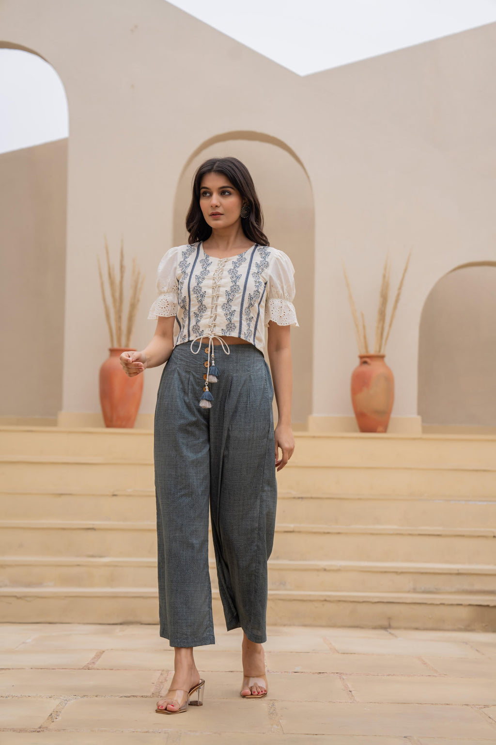 Juniper White Embroidered Crop Top With Grey Wide Leg Pants | Grocsy