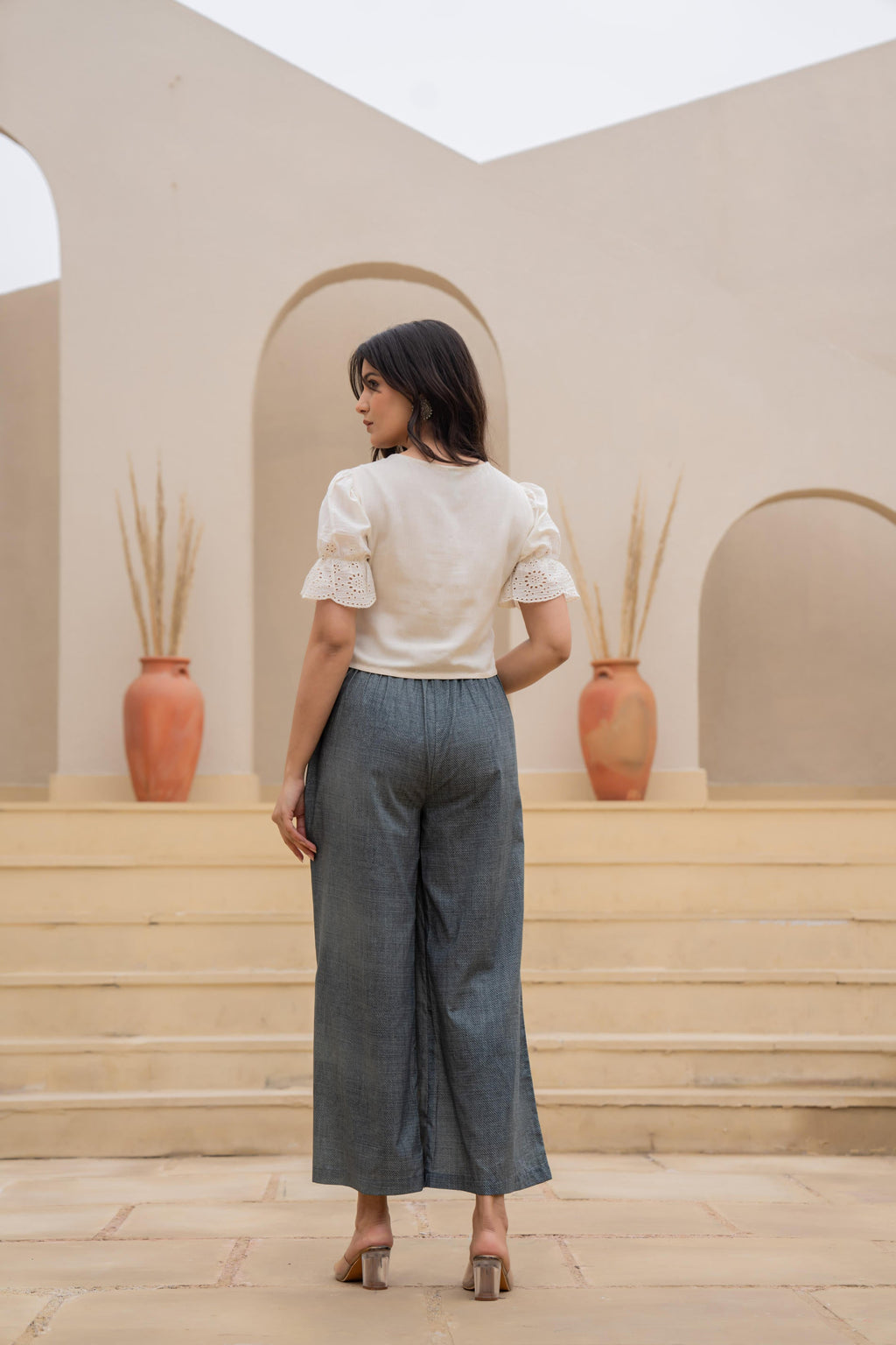 Juniper White Embroidered Crop Top With Grey Wide Leg Pants | Grocsy