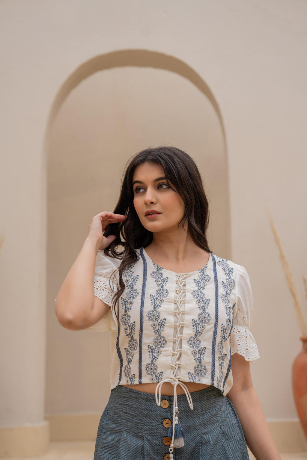 Juniper White Embroidered Crop Top With Grey Wide Leg Pants | Grocsy