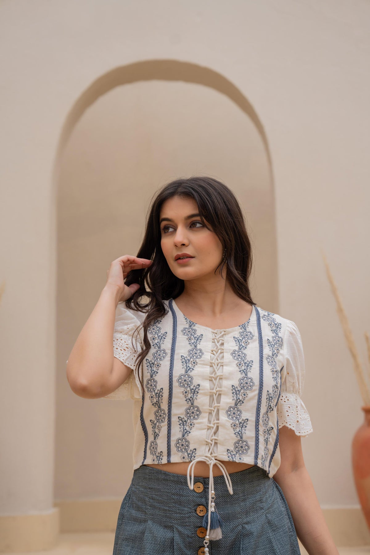 Juniper White Embroidered Crop Top With Grey Wide Leg Pants | Grocsy