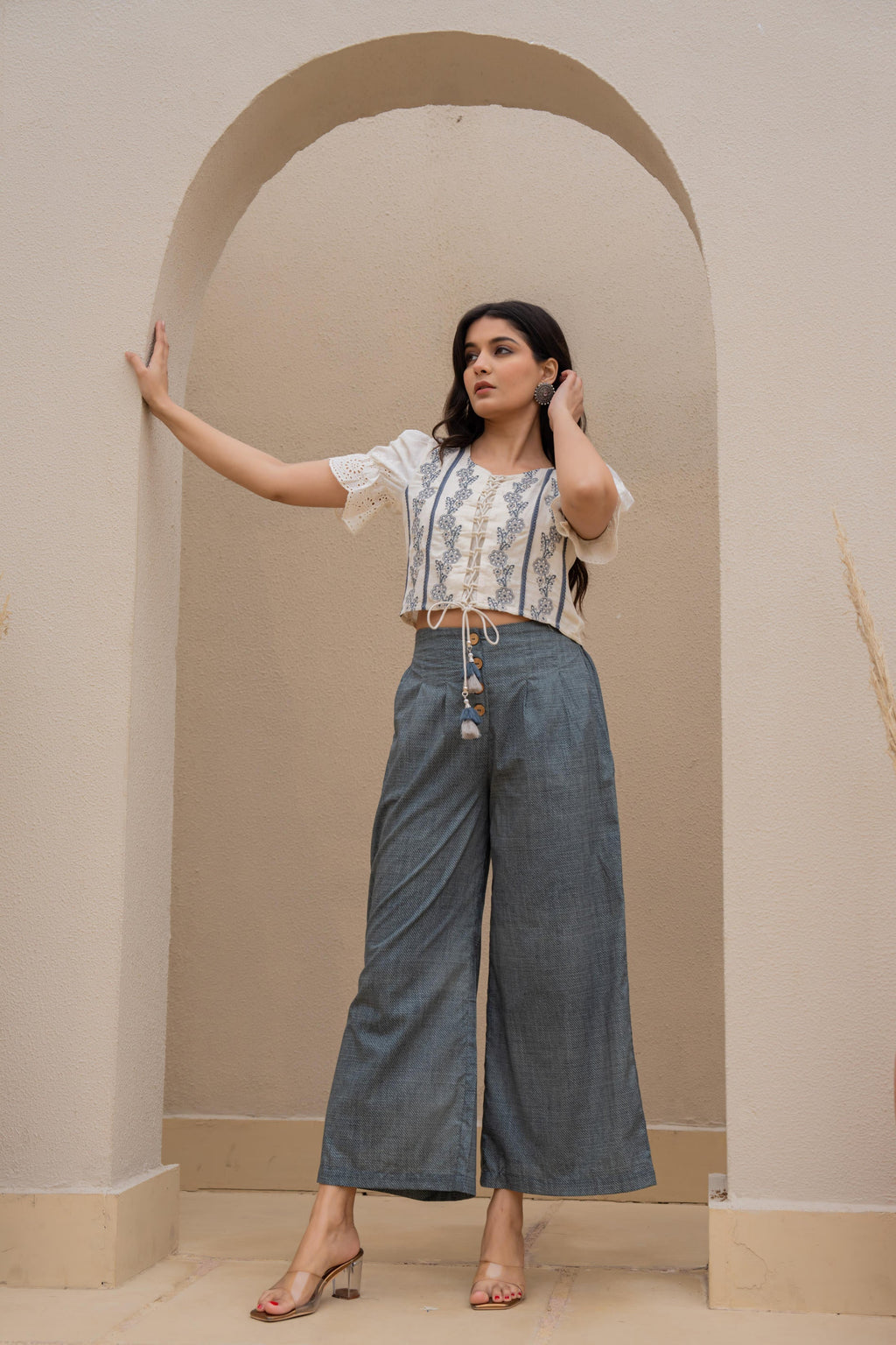 Juniper White Embroidered Crop Top With Grey Wide Leg Pants | Grocsy