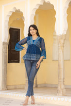 Juniper Indigo Blue Ethnic Motif Peplum Top with Sheer Sleeves | Grocsy