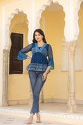 Juniper Indigo Blue Ethnic Motif Peplum Top With Sheer Sleeves | Grocsy