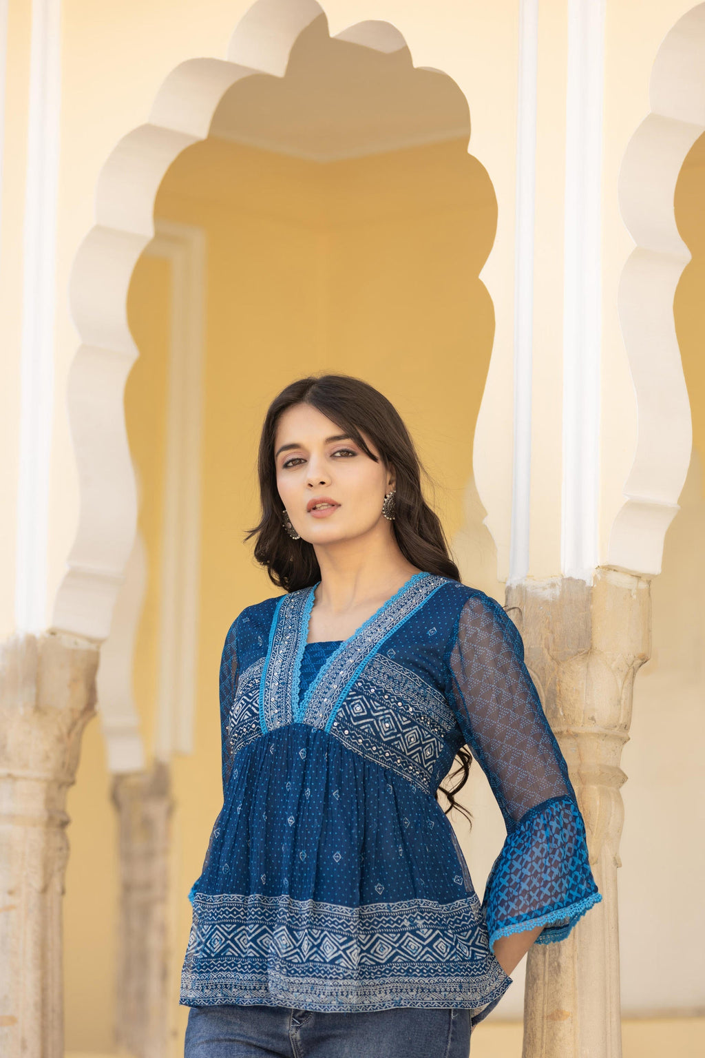 Juniper Indigo Blue Ethnic Motif Peplum Top with Sheer Sleeves | Grocsy