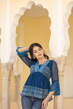 Juniper Indigo Blue Ethnic Motif Peplum Top with Sheer Sleeves | Grocsy