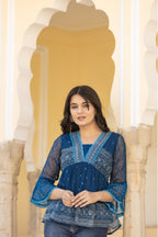 Juniper Indigo Blue Ethnic Motif Peplum Top with Sheer Sleeves | Grocsy