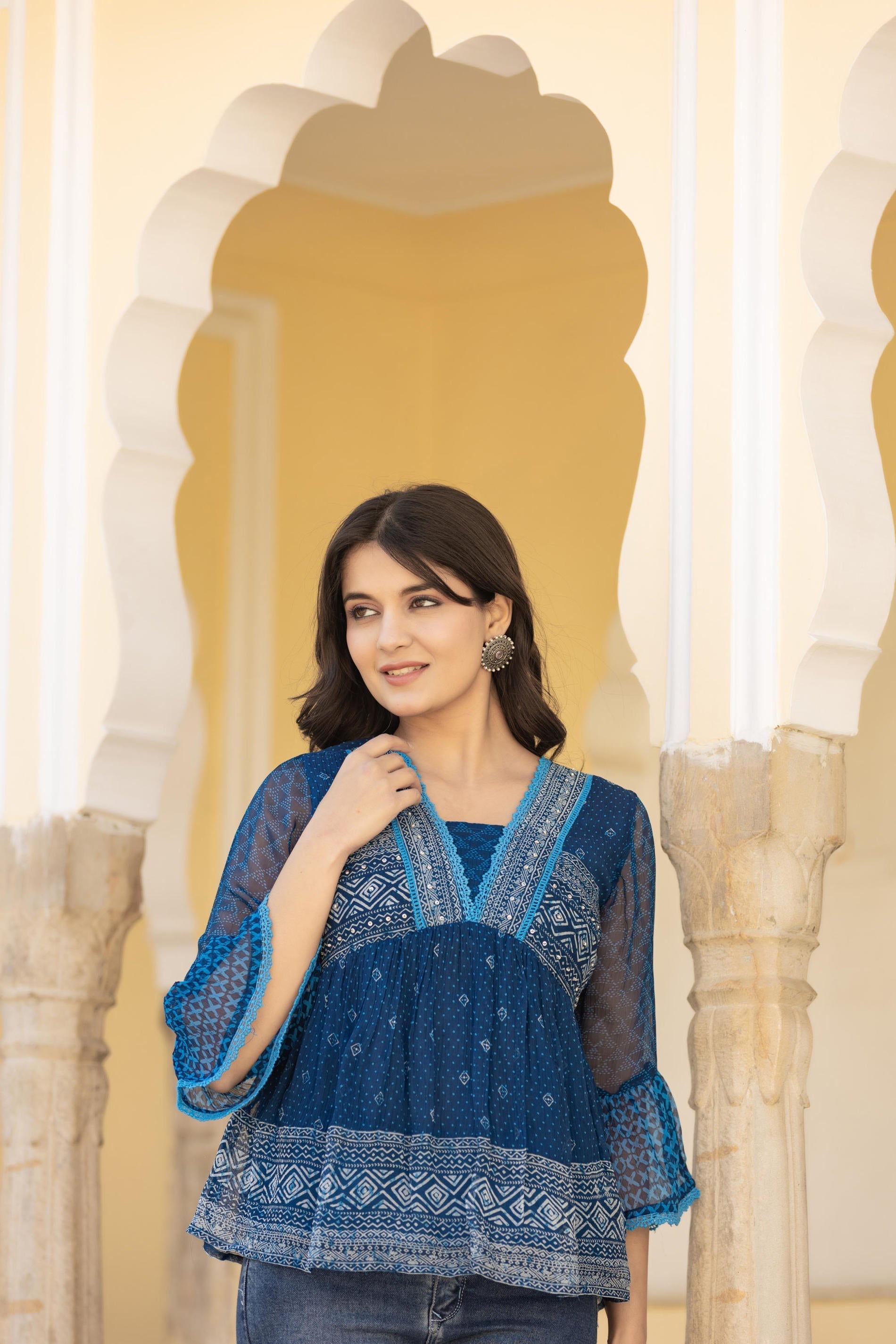 Juniper Indigo Blue Ethnic Motif Peplum Top with Sheer Sleeves | Grocsy