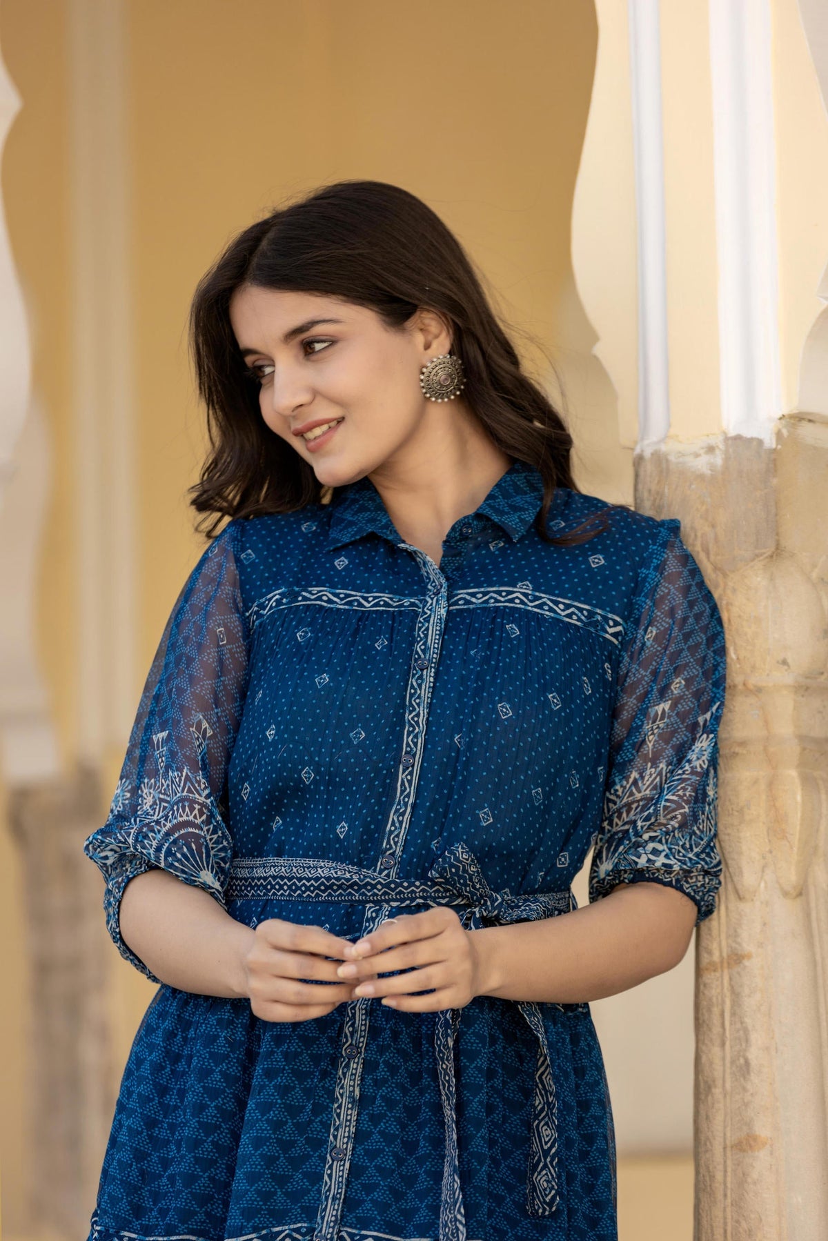 Juniper Indigo Blue Ethnic Shirt Dress with Belt and Sheer Sleeves | Grocsy