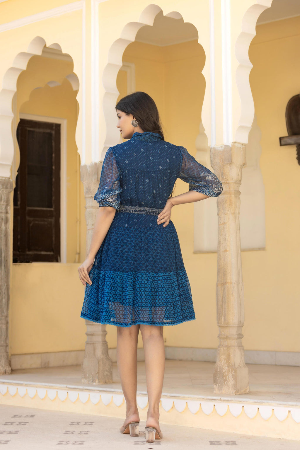 Juniper Indigo Blue Ethnic Shirt Dress with Belt and Sheer Sleeves | Grocsy