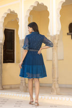 Juniper Indigo Blue Ethnic Shirt Dress with Belt and Sheer Sleeves | Grocsy