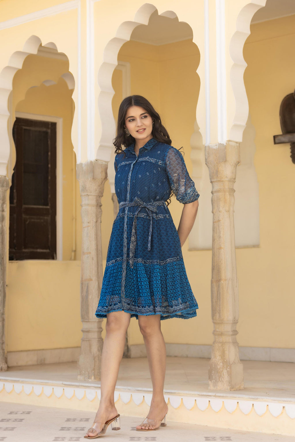 Juniper Indigo Blue Ethnic Shirt Dress with Belt and Sheer Sleeves | Grocsy