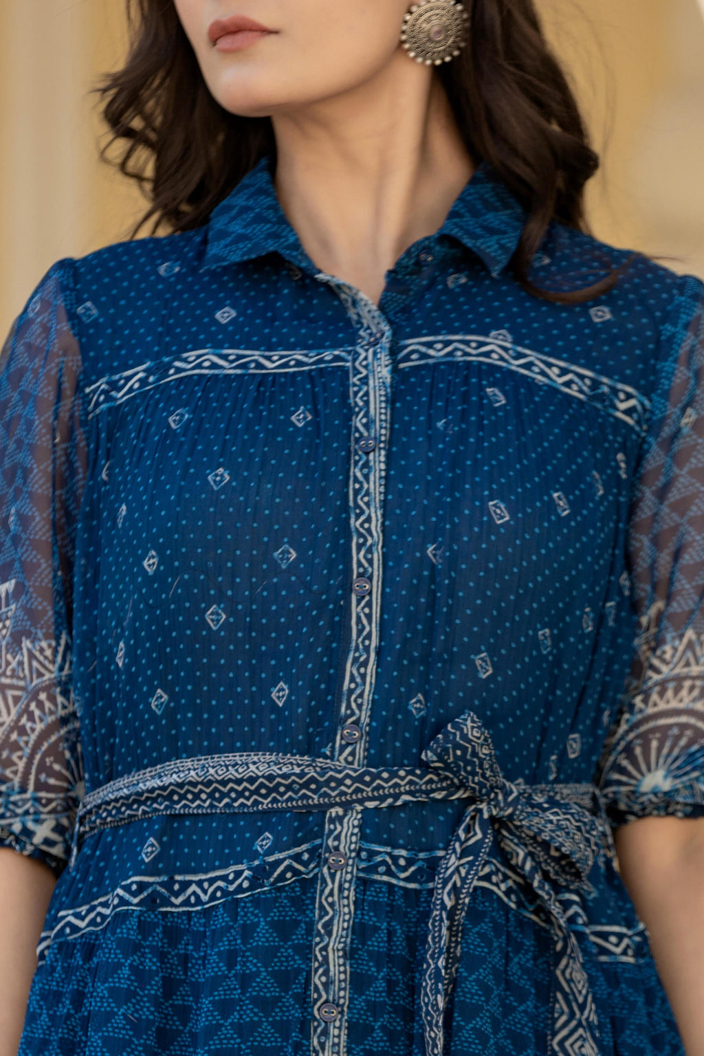 Juniper Indigo Blue Ethnic Shirt Dress with Belt and Sheer Sleeves | Grocsy