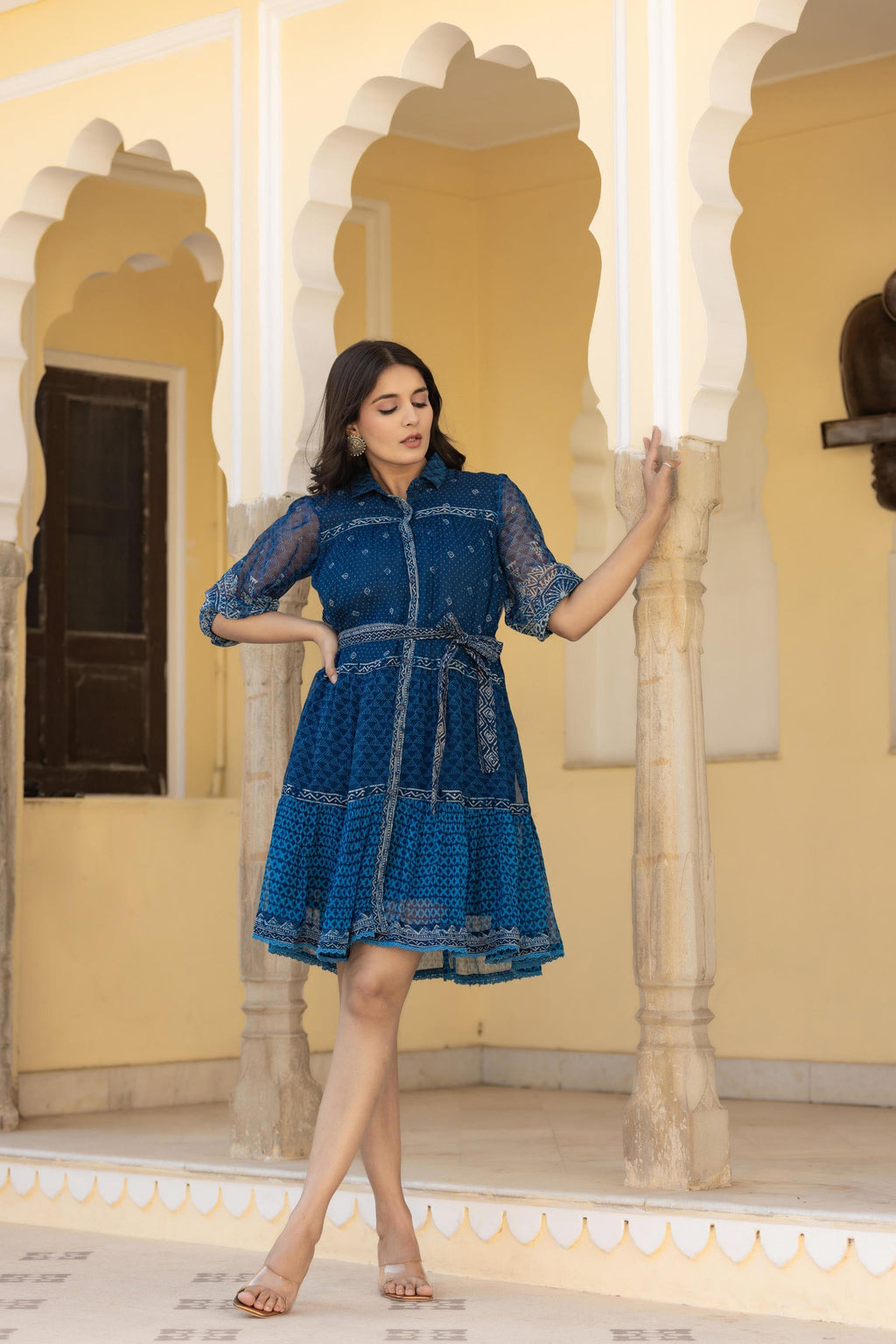 Juniper Indigo Blue Ethnic Shirt Dress with Belt and Sheer Sleeves | Grocsy