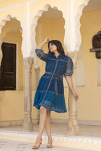 Juniper Indigo Blue Ethnic Shirt Dress with Belt and Sheer Sleeves | Grocsy