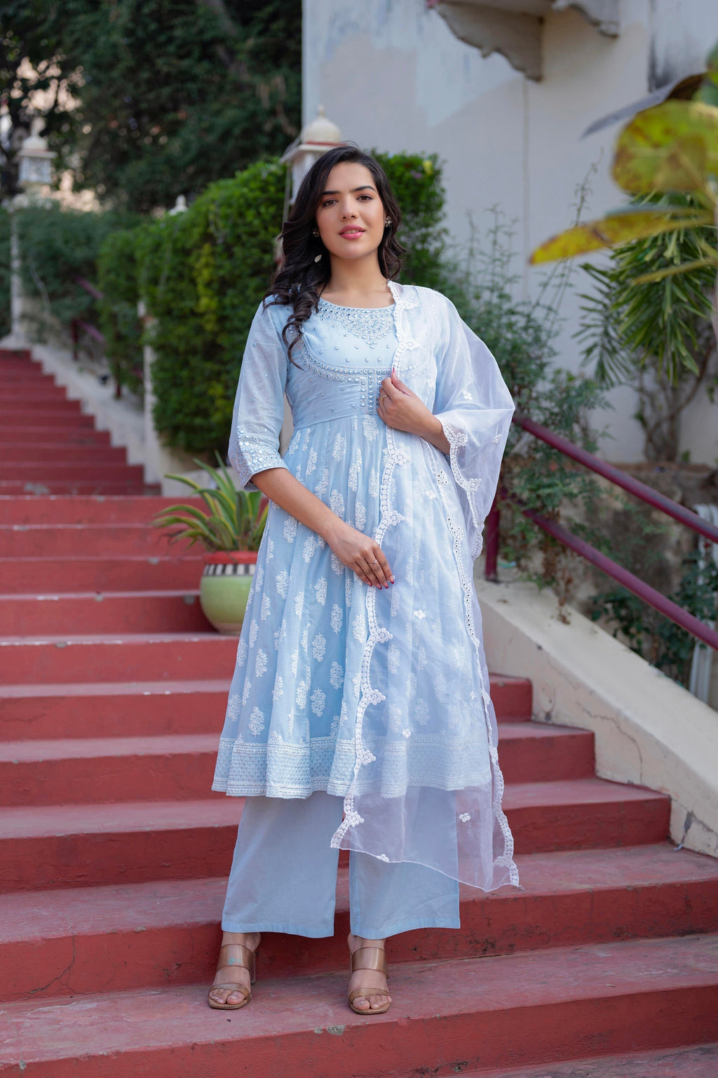 Juniper Sky Blue Cotton Mirror Embroidered Kurta with Palazzo & Organza Dupatta | Grocsy