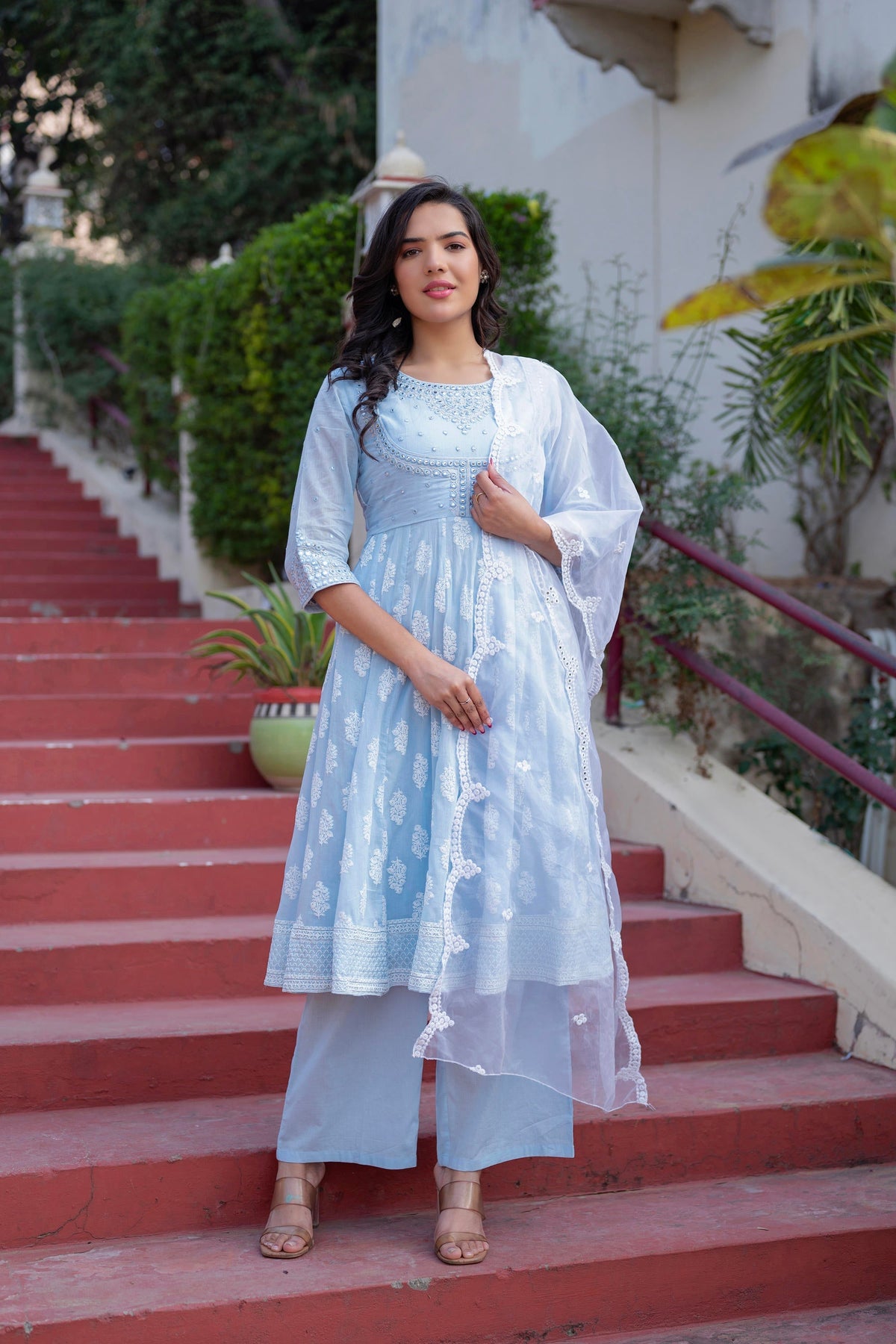 Juniper Sky Blue Cotton Mirror Embroidered Kurta with Palazzo & Organza Dupatta | Grocsy