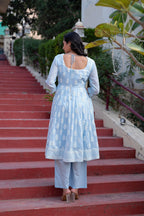 Juniper Sky Blue Cotton Mirror Embroidered Kurta with Palazzo & Organza Dupatta | Grocsy