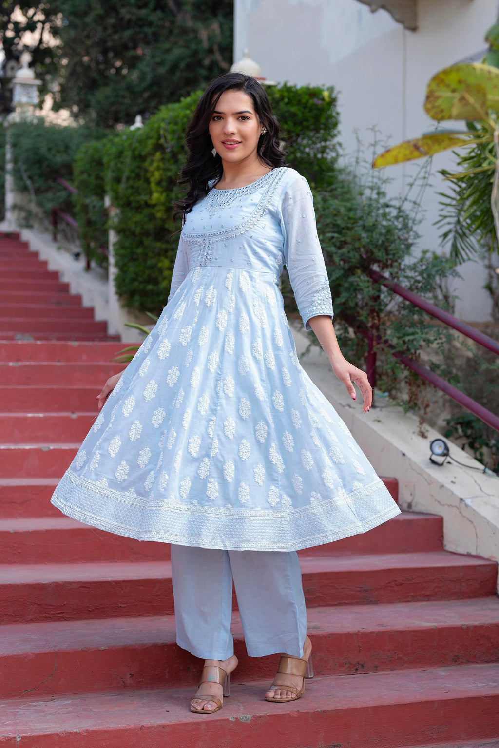 Juniper Sky Blue Cotton Mirror Embroidered Kurta with Palazzo & Organza Dupatta | Grocsy