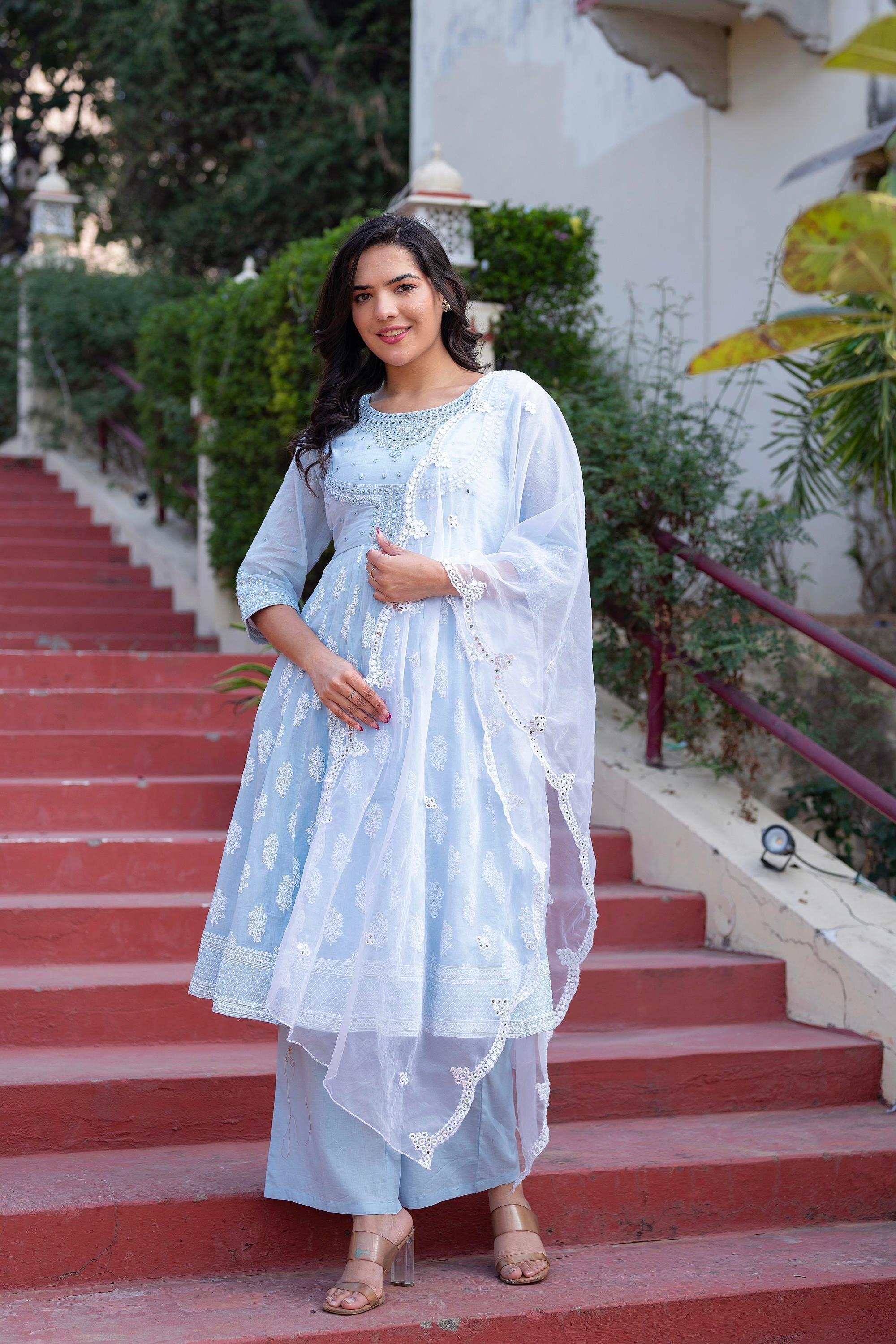 Juniper Sky Blue Cotton Mirror Embroidered Kurta with Palazzo & Organza Dupatta | Grocsy