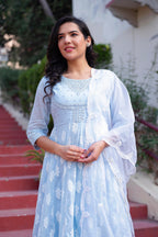 Juniper Sky Blue Cotton Mirror Embroidered Kurta with Palazzo & Organza Dupatta | Grocsy