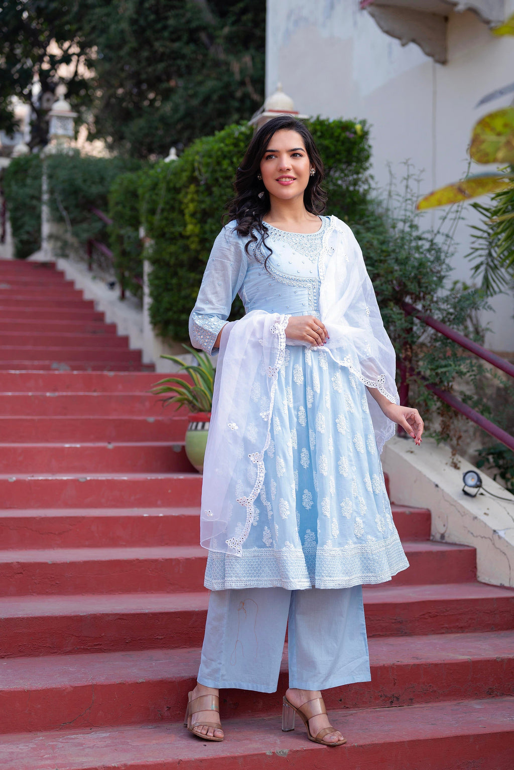 Juniper Sky Blue Cotton Mirror Embroidered Kurta with Palazzo & Organza Dupatta | Grocsy