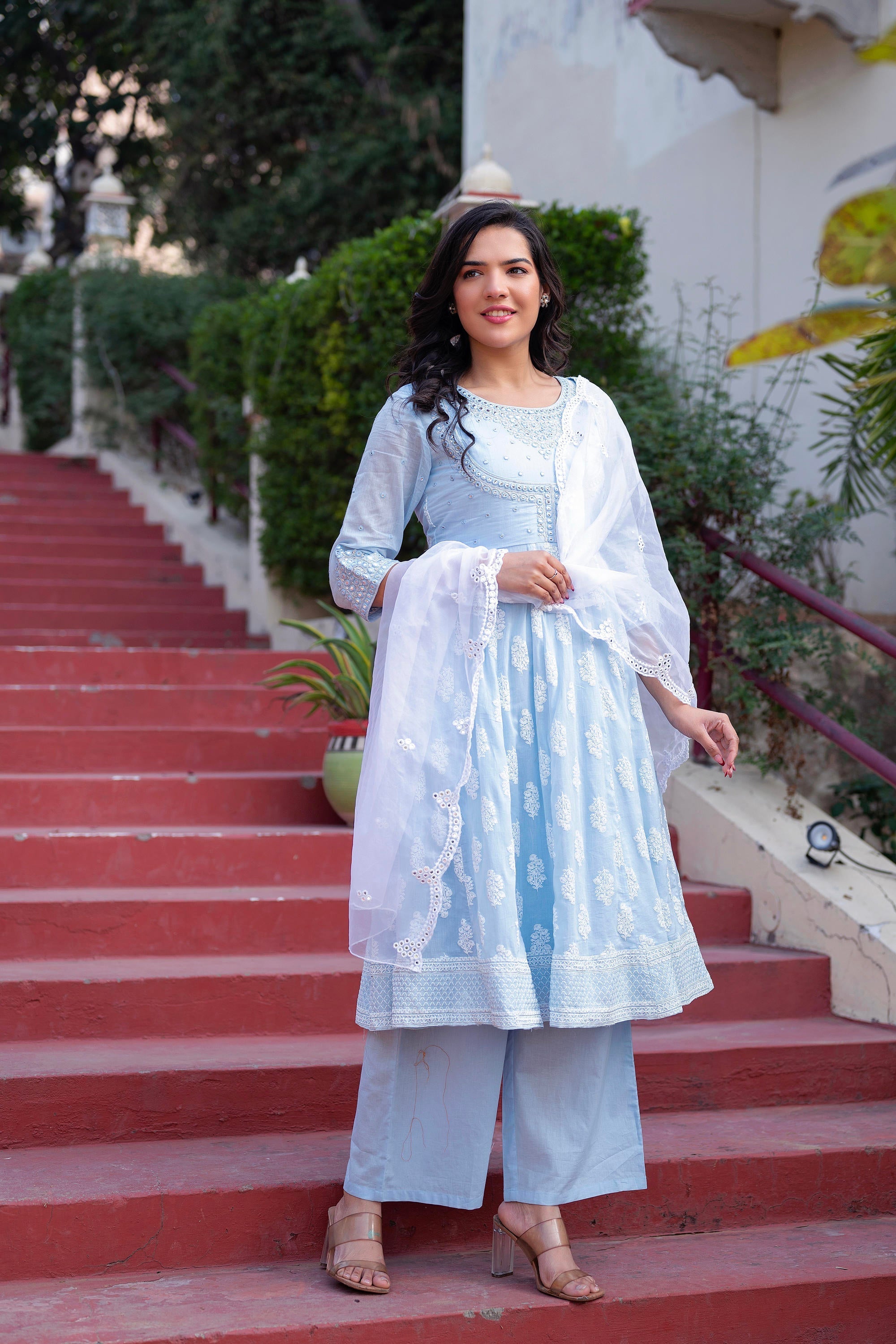 Juniper Sky Blue Cotton Mirror Embroidered Kurta with Palazzo & Organza Dupatta | Grocsy
