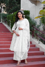 Juniper White Cotton Mirror Embroidered Kurta With Palazzo & Organza Dupatta | Grocsy