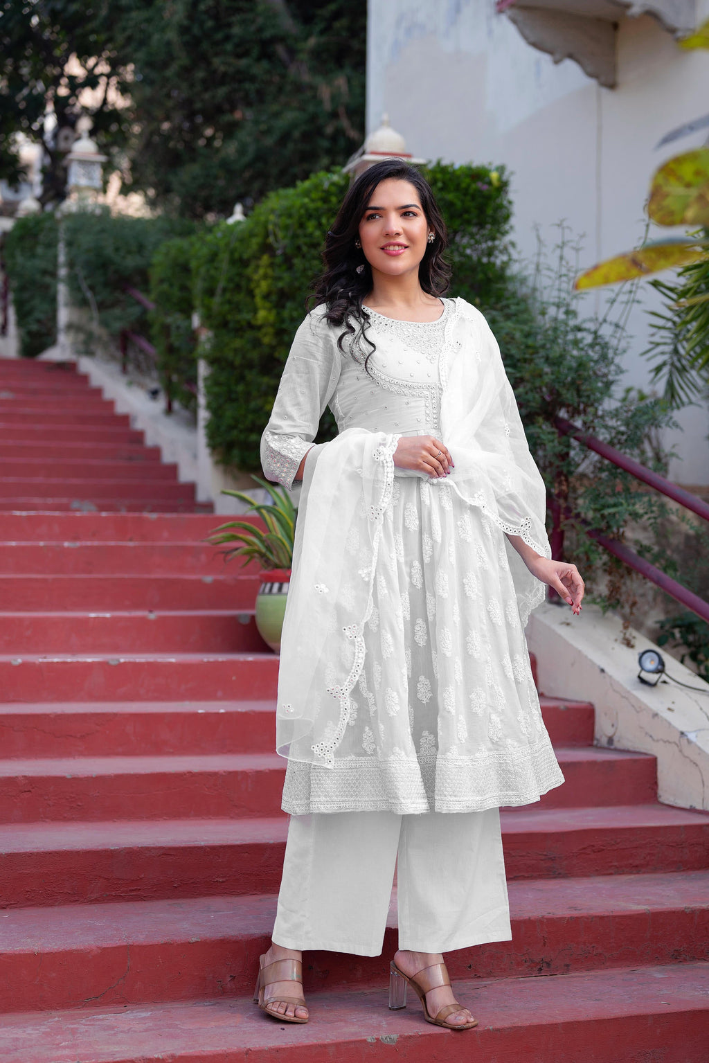 Juniper White Cotton Mirror Embroidered Kurta with Palazzo & Organza Dupatta | Grocsy