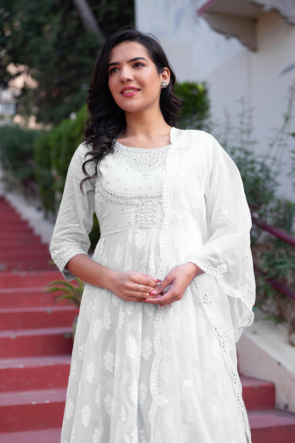Juniper White Cotton Mirror Embroidered Kurta with Palazzo & Organza Dupatta | Grocsy