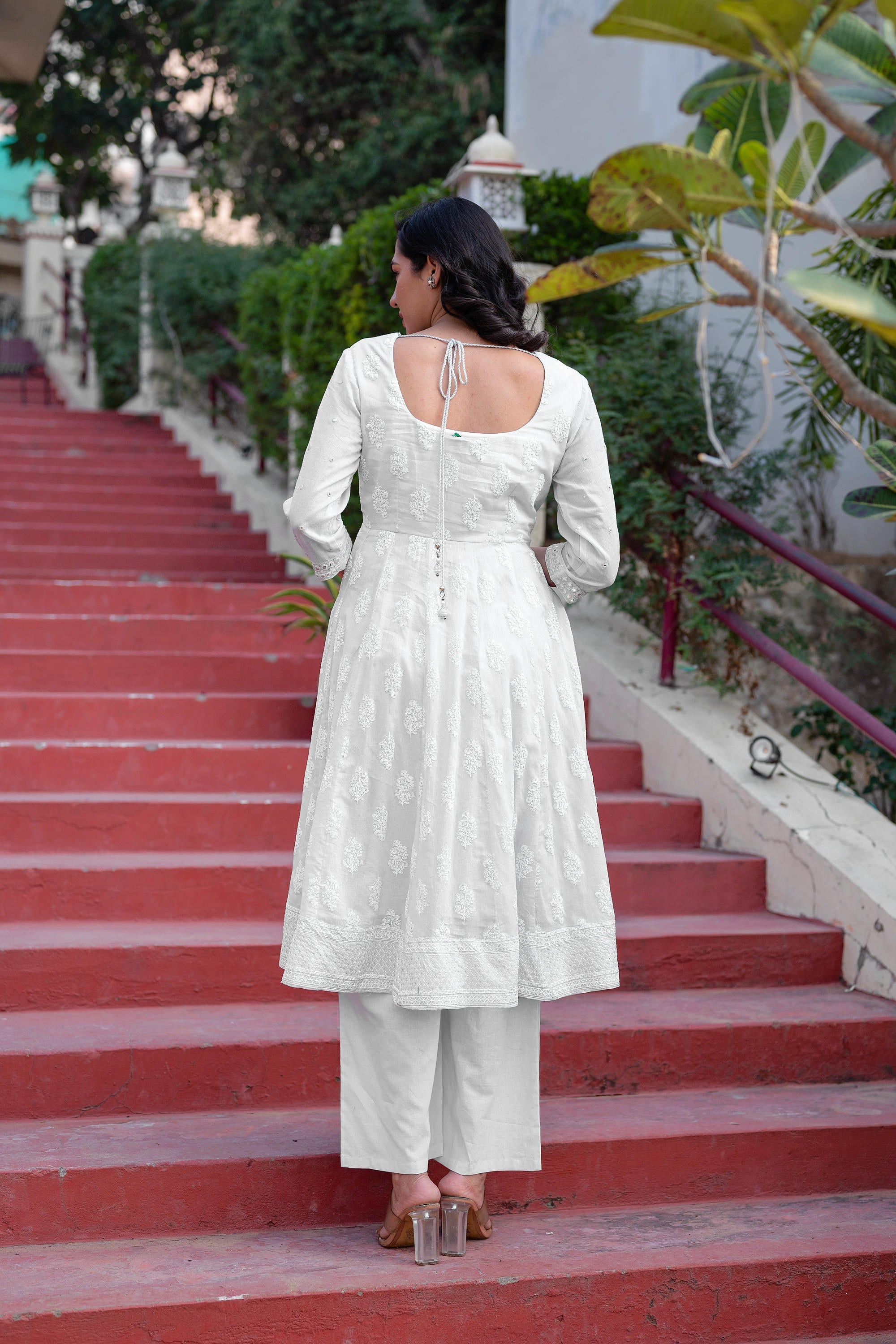 Juniper White Cotton Mirror Embroidered Kurta with Palazzo & Organza Dupatta | Grocsy