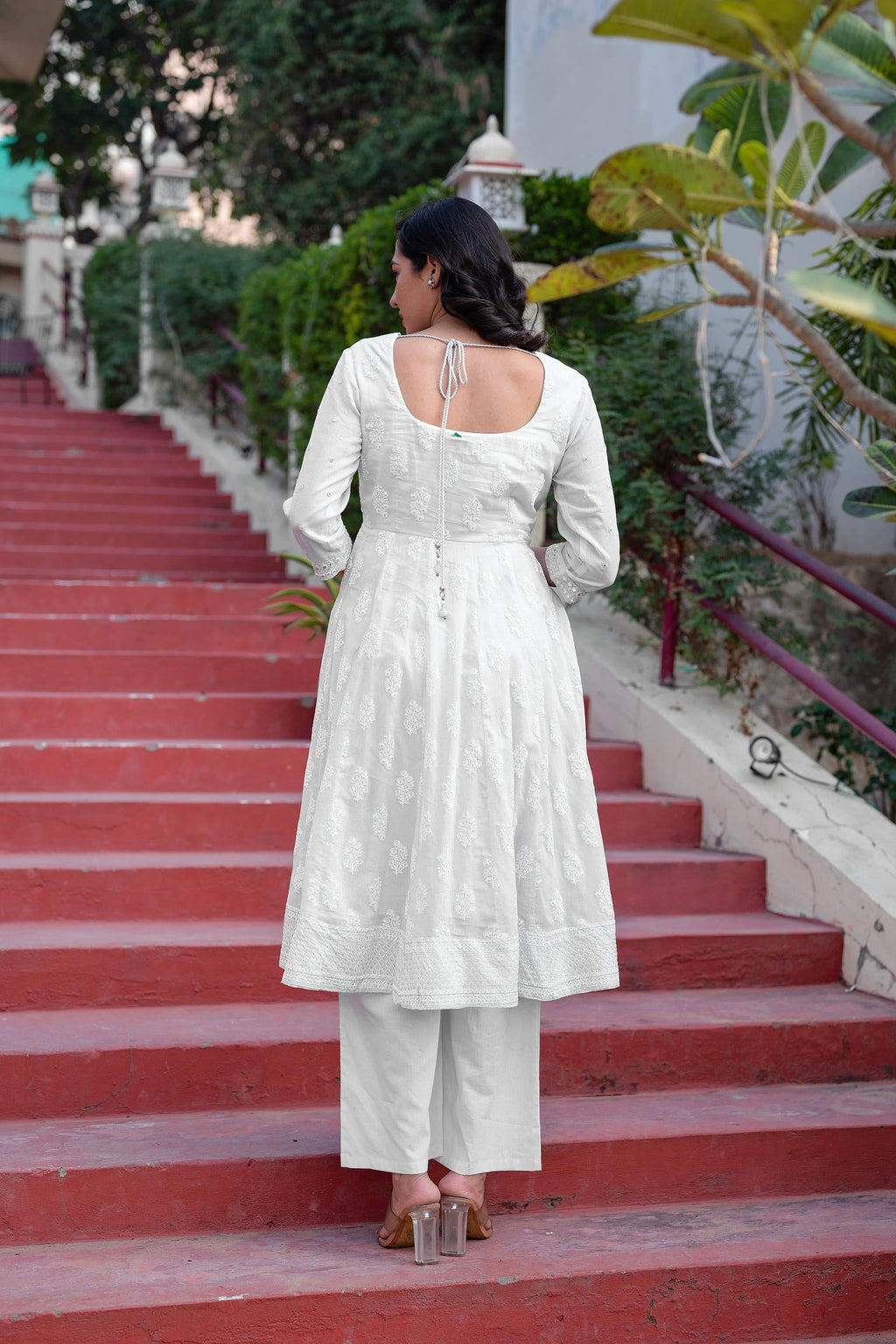 Juniper White Cotton Mirror Embroidered Kurta With Palazzo & Organza Dupatta | Grocsy