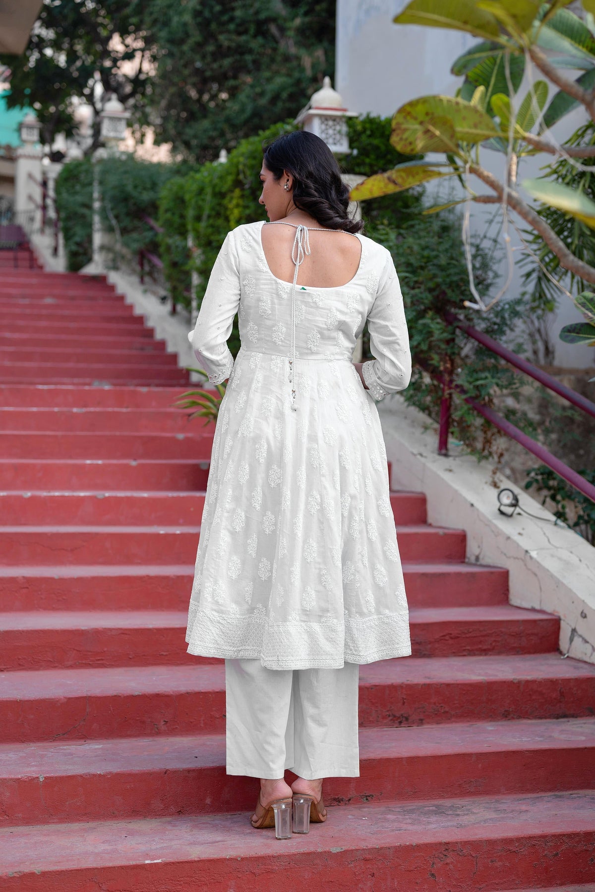 Juniper White Cotton Mirror Embroidered Kurta With Palazzo & Organza Dupatta | Grocsy