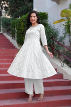 Juniper White Cotton Mirror Embroidered Kurta with Palazzo & Organza Dupatta | Grocsy