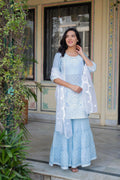 Juniper Sky Blue Cotton Mughal Printed Kurta with Gharara, Organza Dupatta, Mirror Work & Puff Print | Grocsy