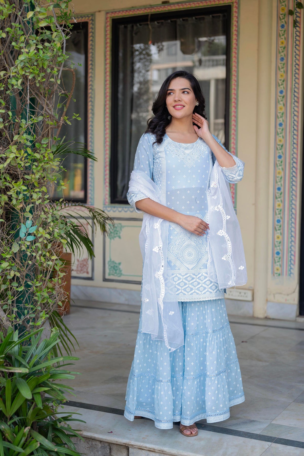 Juniper Sky Blue Cotton Mughal Printed Kurta with Gharara, Organza Dupatta, Mirror Work & Puff Print | Grocsy