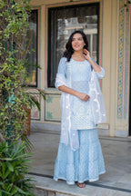 Juniper Sky Blue Cotton Mughal Printed Kurta With Gharara, Organza Dupatta, Mirror Work & Puff Print | Grocsy